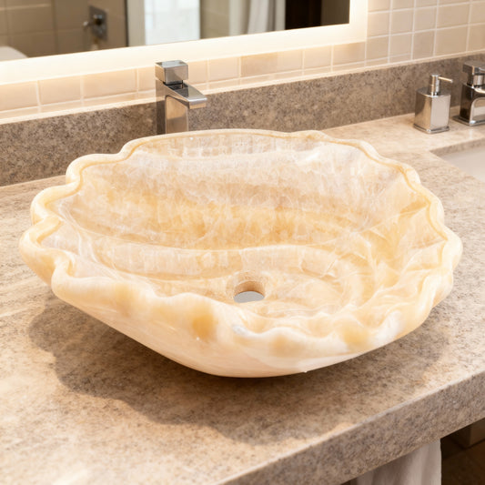 Luxury Marble Vessel Sink – Hand-Carved Natural Stone Bathroom Basin, Amber Onyx Vanity Bowl