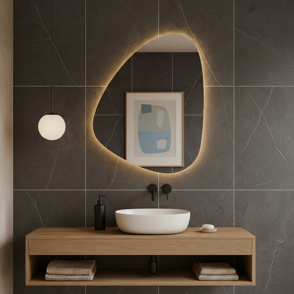 LED Bathroom Mirror – Organic Shaped Backlit Vanity Mirror with Touch Sensor,  Modern Handmade Lighted Wall Mirror