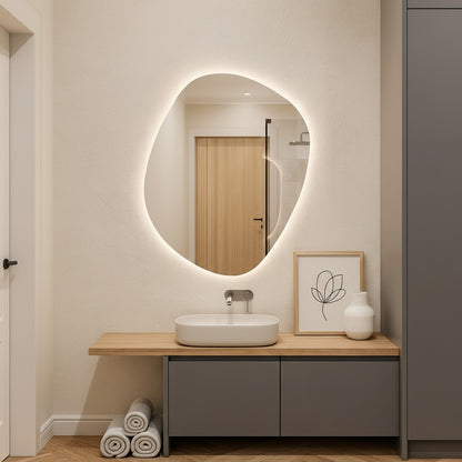 LED Bathroom Mirror – Organic Shaped Backlit Vanity Mirror with Touch Sensor, Modern Lighted Wall Mirror