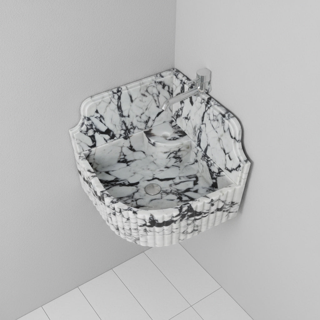 Marble Sink – Calacatta Viola Corner Wall-Mount Bathroom Sink with Fluted Design & 8" Backsplash | Luxury Natural Stone Basin 16"x16"x8"