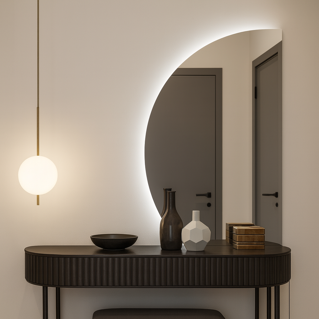 LED Bathroom Mirror – Modern Half Moon Backlit Vanity Mirror with Touch Sensor, Luxury Lighted Wall Mirror