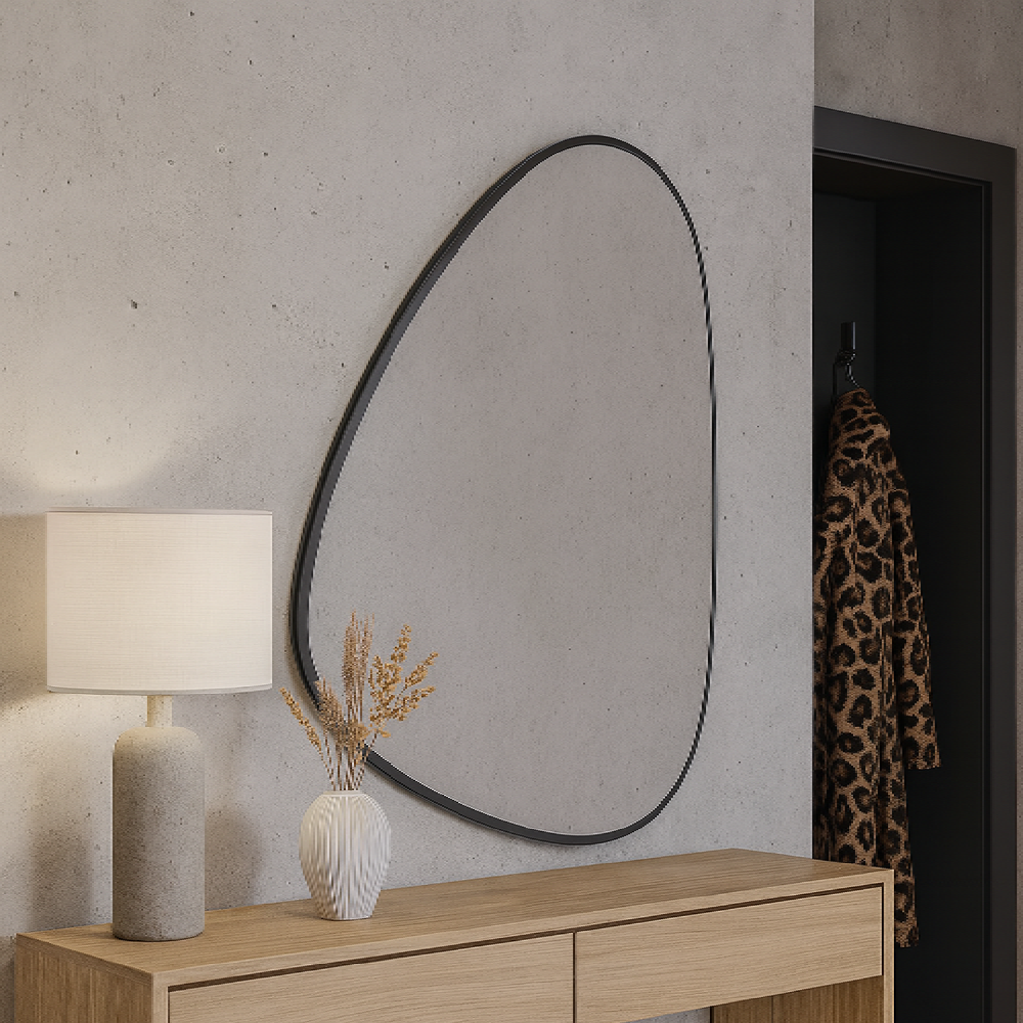 Modern Irregular Bathroom Wall Mirror – Asymmetrical Black Frame Mirror for Vanity, Entryway & Living Room