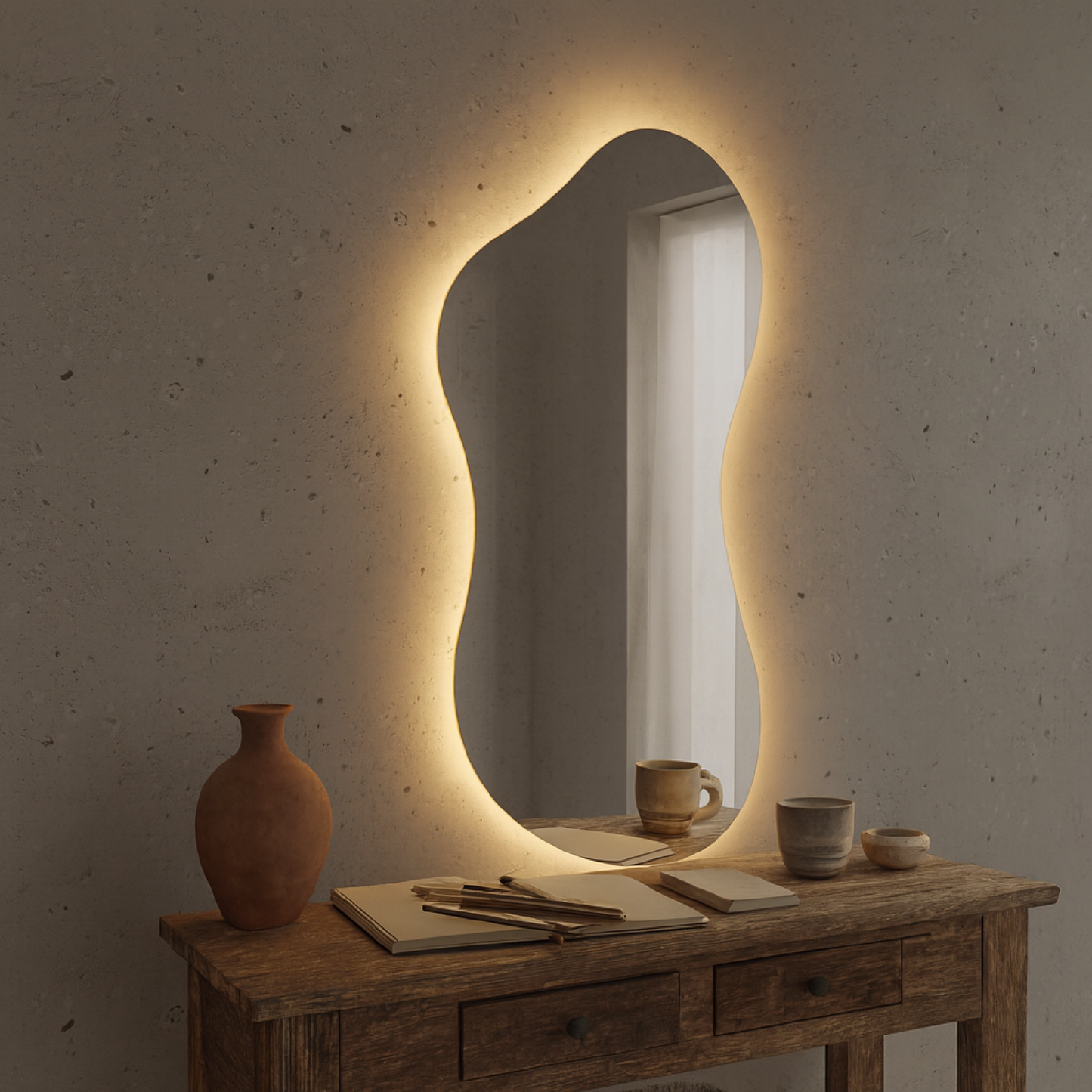 LED Bathroom Mirror Asymmetrical Shape – Modern Backlit Vanity Wall Mirror