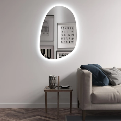 Modern LED Bathroom Mirror – Organic Asymmetrical Backlit Wall Mirror with Warm & Cool Light