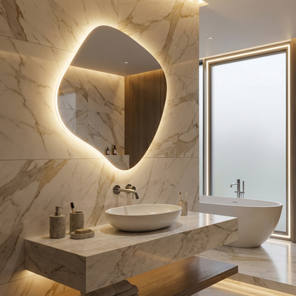 LED Bathroom Mirror – Modern Organic Shaped Lighted Vanity Mirror with Touch Sensor, Handmade Backlit Wall Mirror