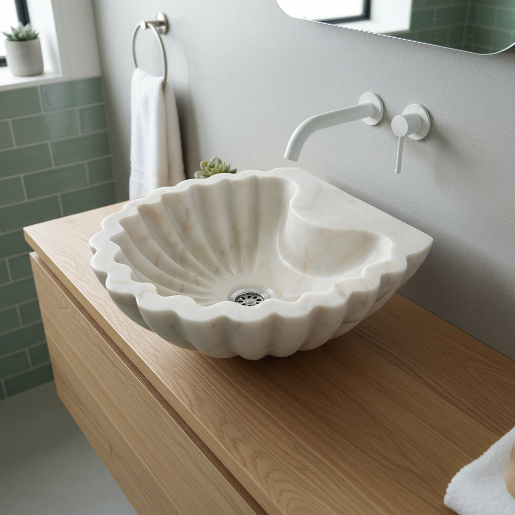 Marble Bathroom Sink – Carrara White Stone Vessel Sink Shell Design