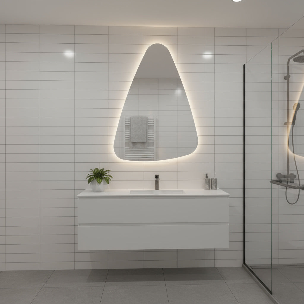 LED Bathroom Mirror Modern Backlit Design – Asymmetrical Organic Wall Mirror with Warm & Cool Light