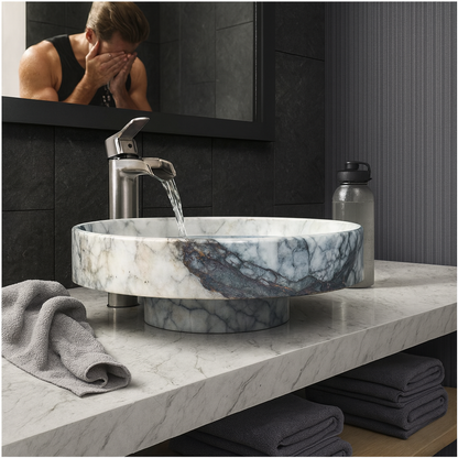 Marble Bathroom Sink – New York Marble Round Vessel Sink Polished | Natural Stone Above Counter Basin