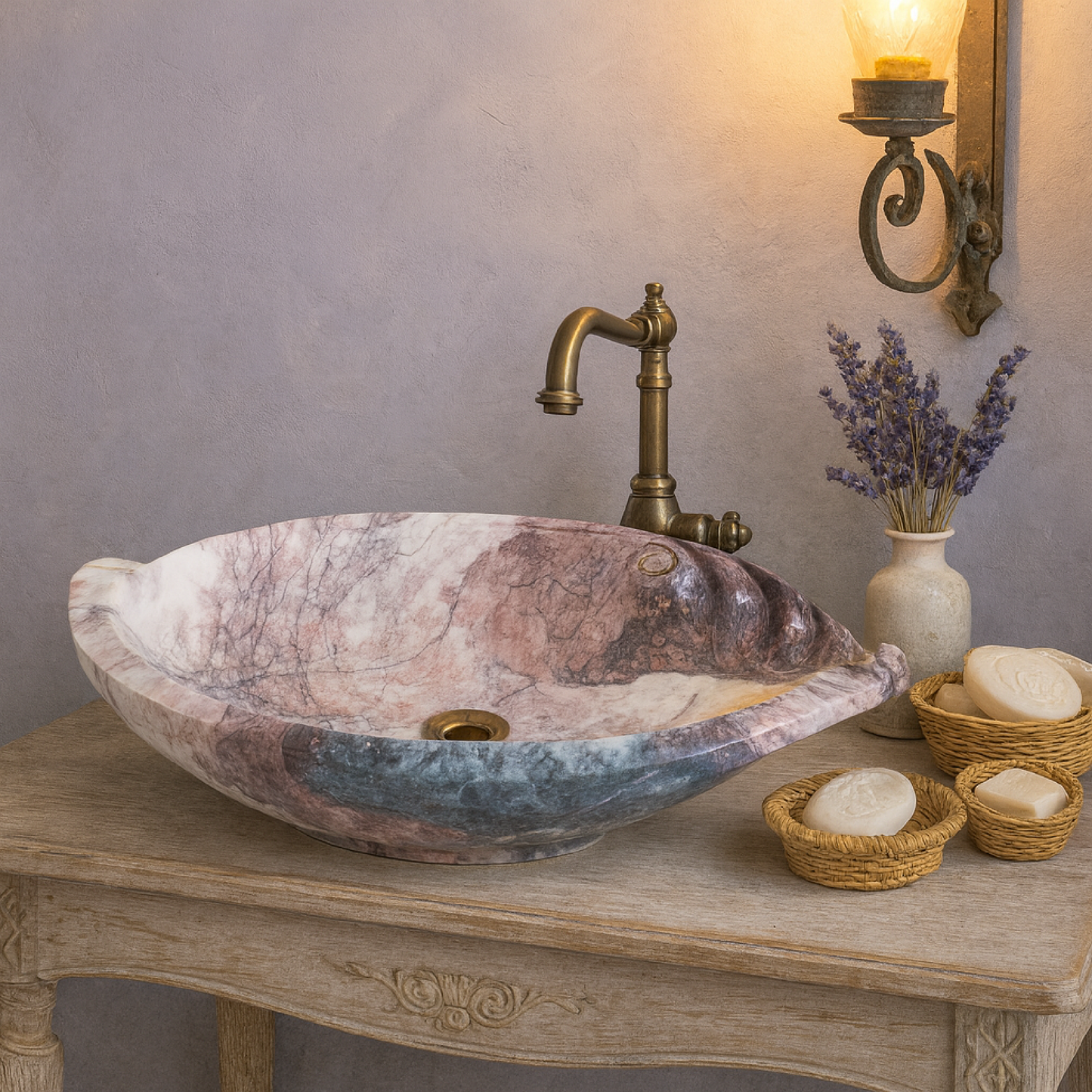 Luxury Marble Vessel Sink – Hand-Carved Natural Stone Bathroom Basin, Designer Vanity Bowl 25.6"x15.7"x5.5" (65x40x14 cm)