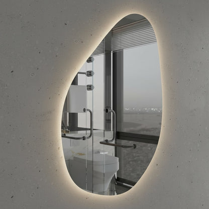 LED Bathroom Mirror Modern Backlit Design – Organic Asymmetrical Wall Mirror with Warm & Cool Light