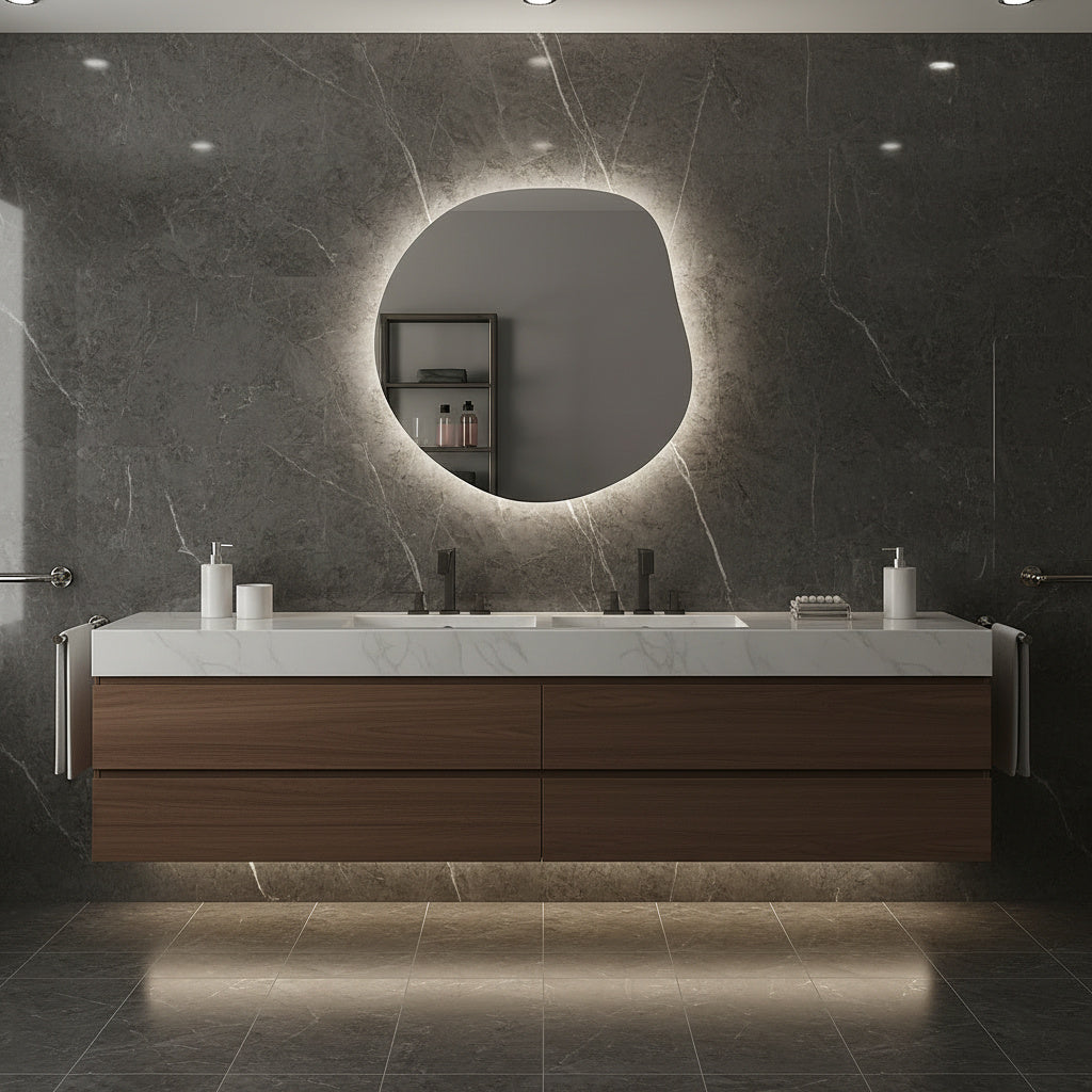 LED Bathroom Mirror Irregular Shape – Modern Asymmetrical Backlit Wall Mirror | Dimmable Warm & Cool Light (3000K–6500K)