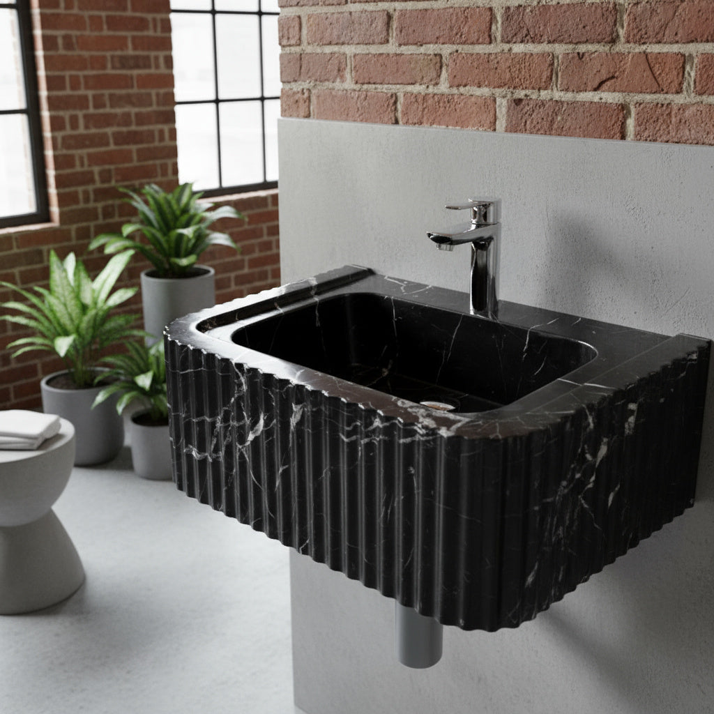 Black Marble Bathroom Sink – Toros Black Rectangular Wall-Mount Vanity Basin, Polished Natural Stone