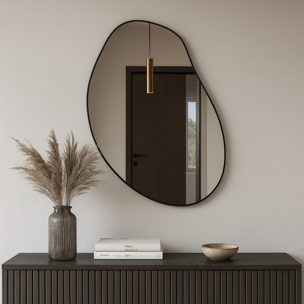 Irregular Wall Mirror – Modern Organic Mirror with Black Frame, Asymmetrical Wavy Mirror for Living Room & Entryway