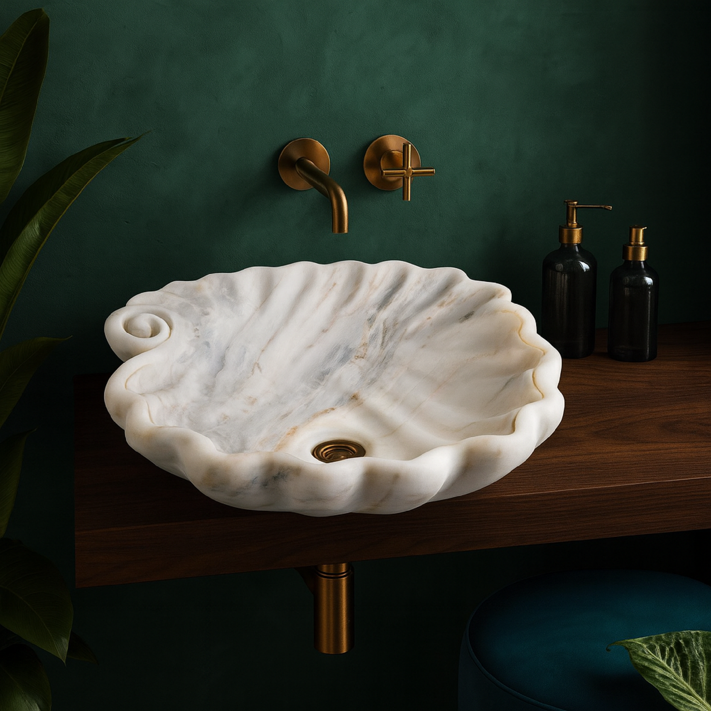 Luxury Marble Vessel Sink – Hand-Carved Shell Design Natural Stone Bathroom Basin