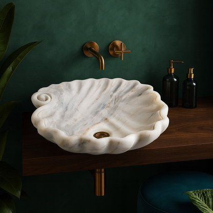 Luxury Marble Vessel Sink – Hand-Carved Shell Design Natural Stone Bathroom Basin