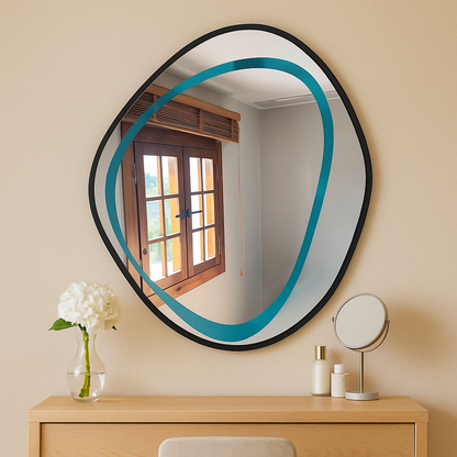 Modern Irregular Wall Mirror – Wavy Round Wooden Frame Mirror |Decorative Bathroom & Living Room Mirror