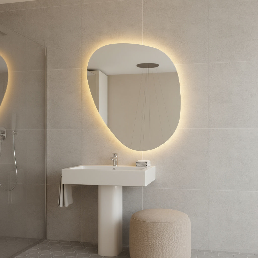 LED Wall Mirror – Irregular Organic Shape Lighted Mirror, Modern Boho Wall Decor with Backlit Glow