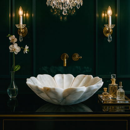 Luxury Marble Vessel Sink – Hand-Carved White Natural Stone Basin for Bathroom Vanity, One-of-a-Kind Designer Wash Bowl