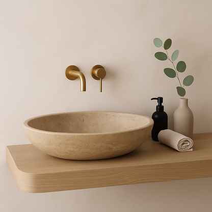 Marble Sink – Travertine Stone Vessel Sink for Bathroom | Mocha Natural Oval Basin 14.5"x19.5"x5.5"