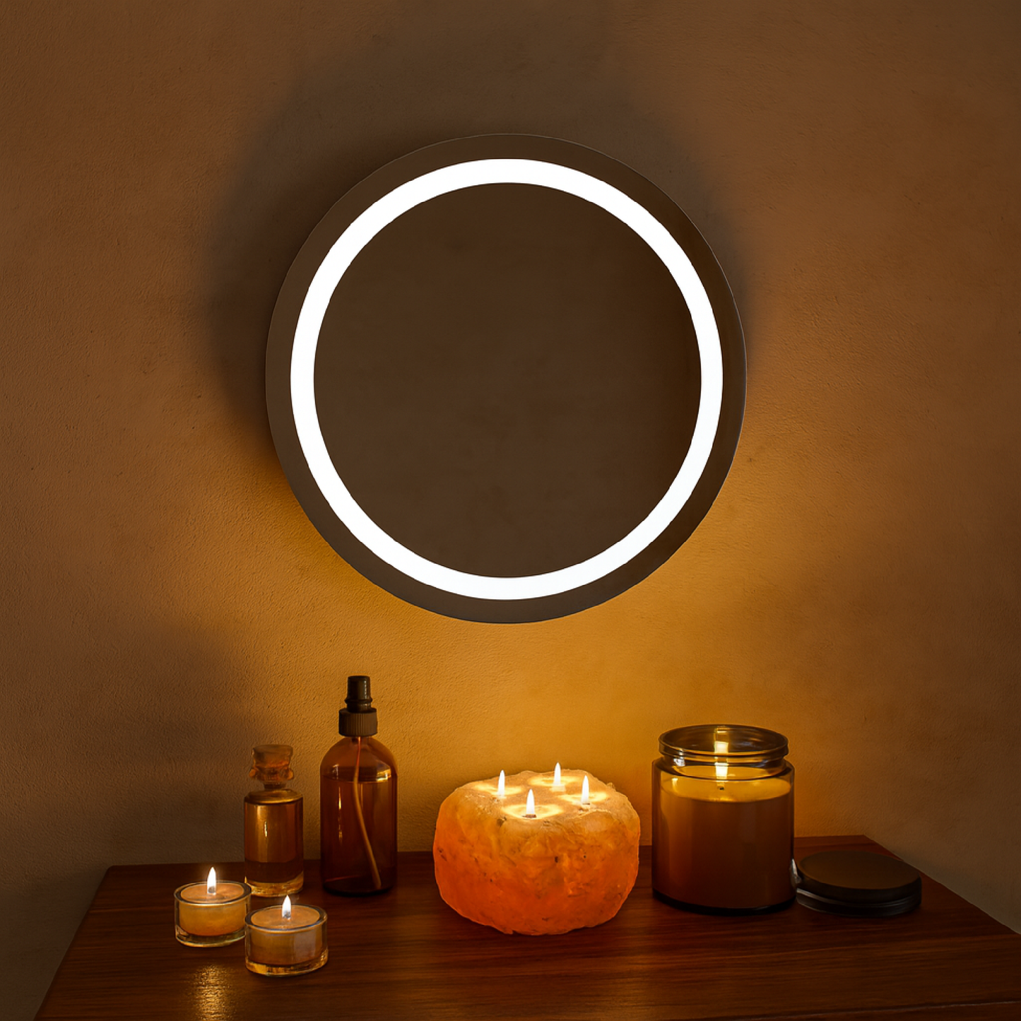 LED Bathroom Mirror – Round Lighted Vanity Mirror with Marble Frame, Modern Backlit Wall Mirror