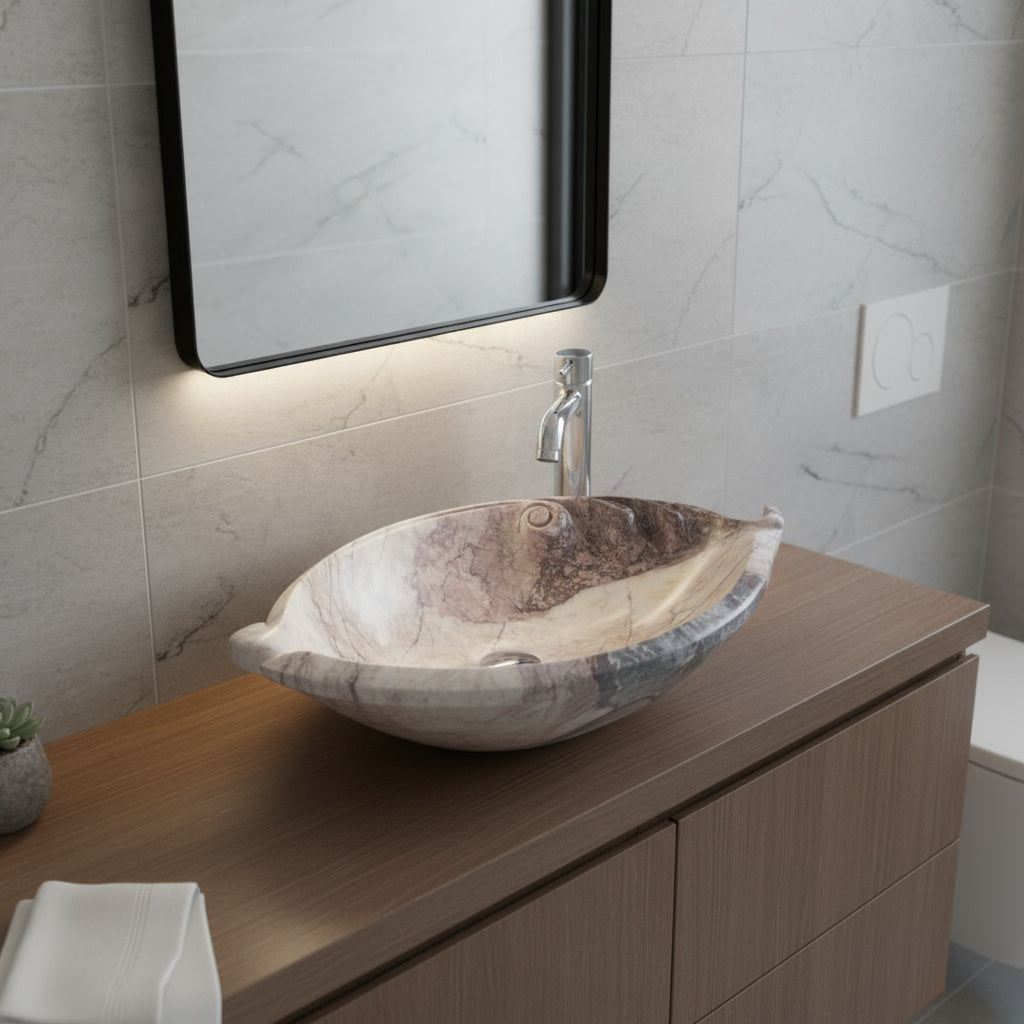 Luxury Marble Vessel Sink – Hand-Carved Natural Stone Bathroom Basin, Designer Vanity Bowl 25.6"x15.7"x5.5" (65x40x14 cm)