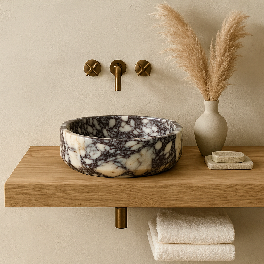 Marble Sink – Calacatta Viola Stone Vessel Sink for Bathroom | Luxury Round Basin 16"x16"x5.5"