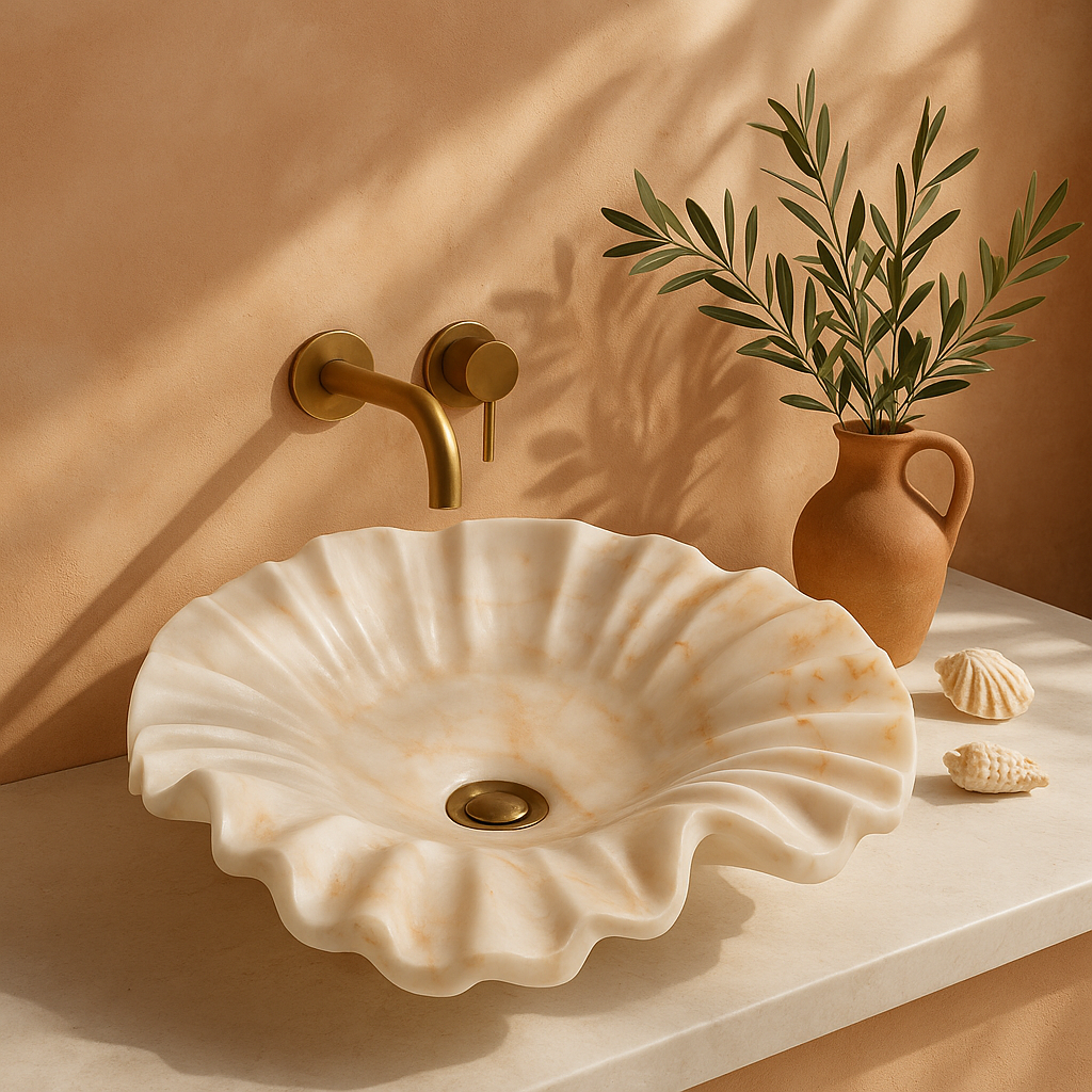 Marble Sink – Luxury Stone Vessel Sink Petal Bowl 17"x17"x6" (43x43x15 cm) Hand-Carved Natural Marble Basin