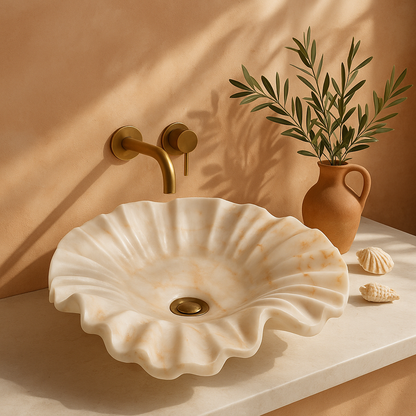 Marble Sink – Luxury Stone Vessel Sink Petal Bowl 17"x17"x6" (43x43x15 cm) Hand-Carved Natural Marble Basin