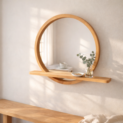 Solid Beech Wood Round Mirror with Shelf – Scandinavian Entryway Bathroom Mirror