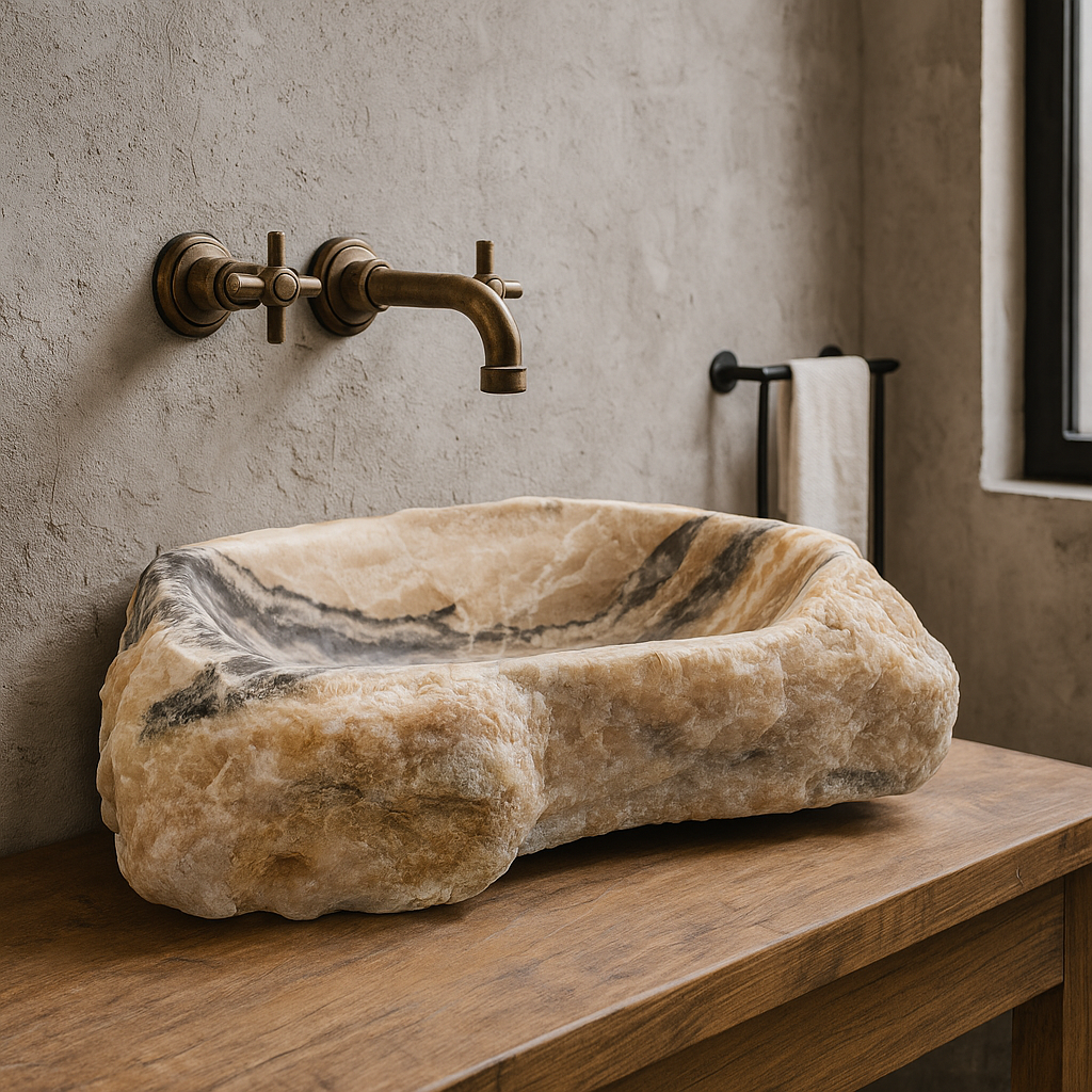Luxury Stone Vessel Sink – Natural Marble Bathroom Basin with Raw Edge, Handcrafted Rustic Vanity Bowl 21.6"x15.7"x5.5" (55x40x14 cm)