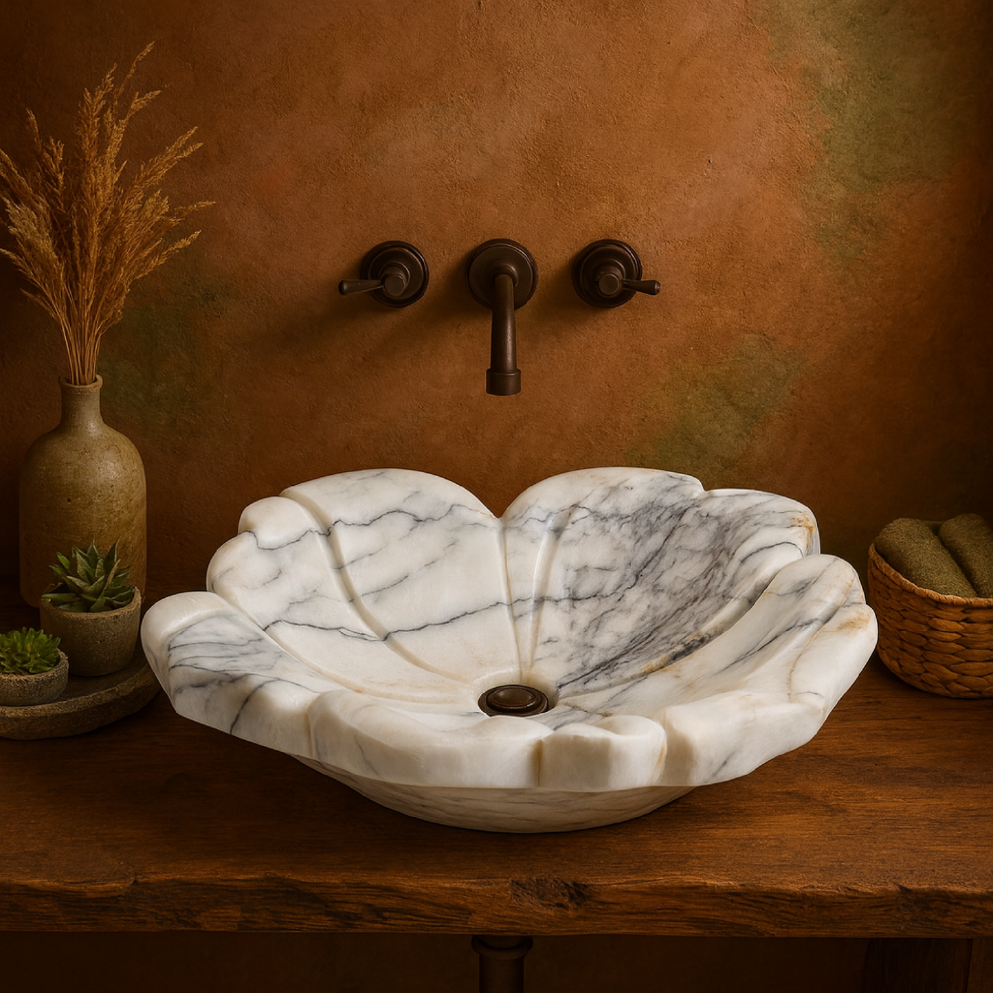 Luxury Marble Vessel Sink – Hand-Carved Flower Design Natural Stone Bathroom Basin