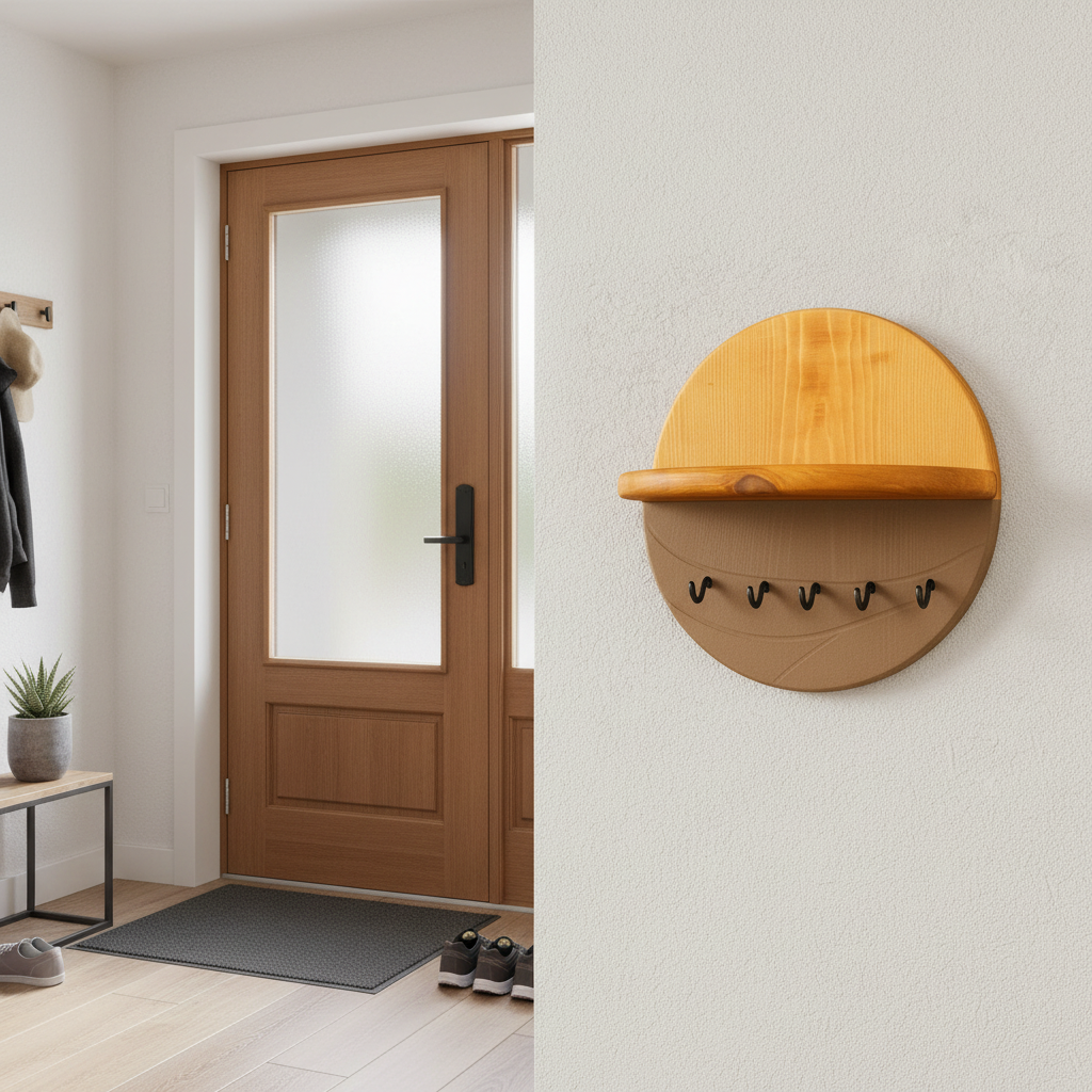 Modern Wall Key Holder with Shelf – Minimalist Wooden Entryway Organizer with Hooks | Handmade Home Décor