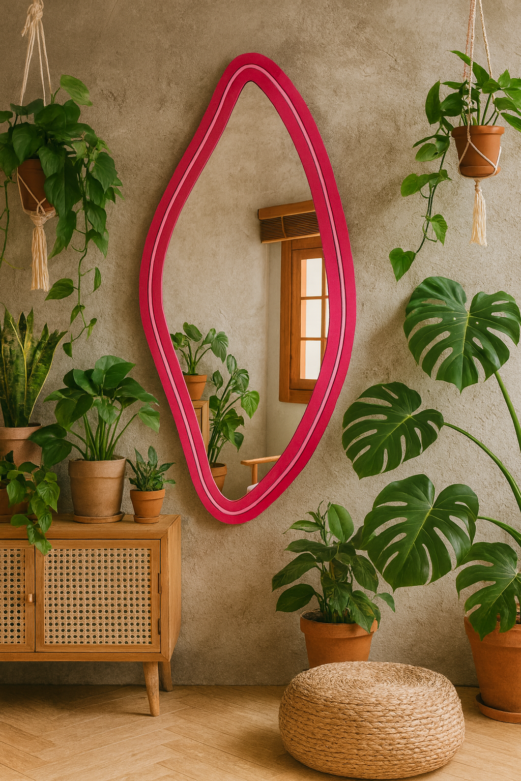 Neon LED Wavy Wall Mirror – Modern Irregular Shape MDF Frame Mirror | Decorative Accent for Bedroom & Living Room