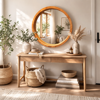 Handmade Solid Wood Framed Round Mirror – Modern Scandinavian Wall Mirror