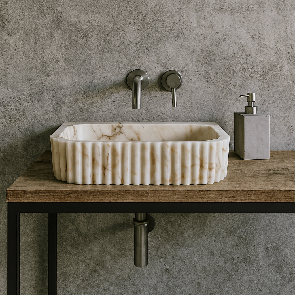 Marble Sink – Calacatta Stone Vessel Sink for Bathroom | Fluted Luxury Rectangular Basin 16"x20"x5.5"