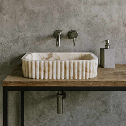 Marble Sink – Calacatta Stone Vessel Sink for Bathroom | Fluted Luxury Rectangular Basin 16"x20"x5.5"