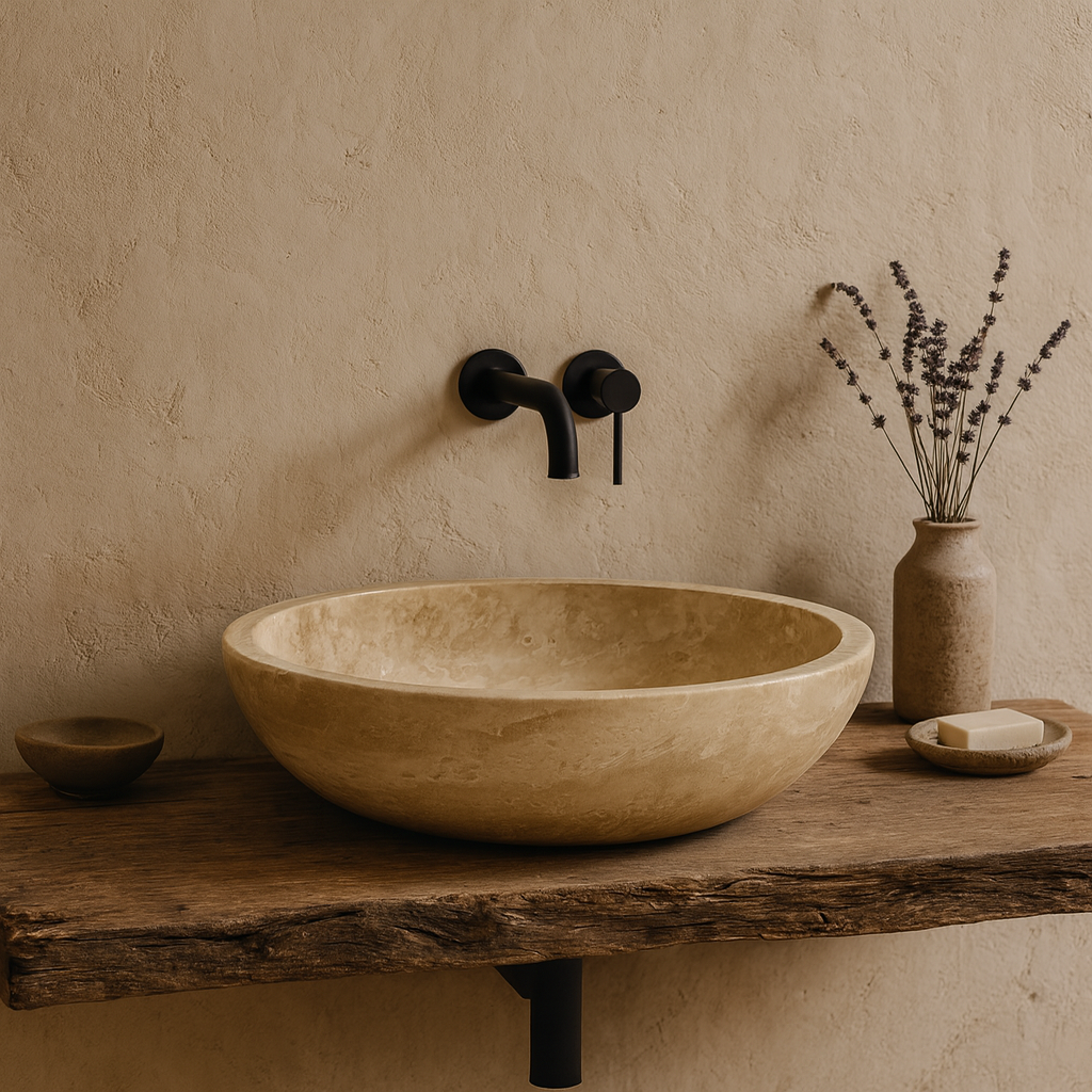 Marble Sink – Light Travertine Stone Vessel Sink for Bathroom | Round Natural Basin 16"x16"x4"