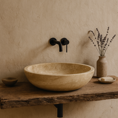 Marble Sink – Light Travertine Stone Vessel Sink for Bathroom | Round Natural Basin 16"x16"x4"