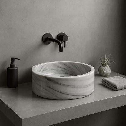 Marble Sink – Grey Stone Vessel Sink for Bathroom | Round Natural Marble Basin 16.5"x16.5"x6"