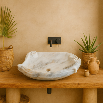 Luxury Marble Vessel Sink – Hand-Carved Natural Stone Bathroom Basin, Modern Vanity Bowl 23.6"x17.7"x5.9" (60x45x15 cm),