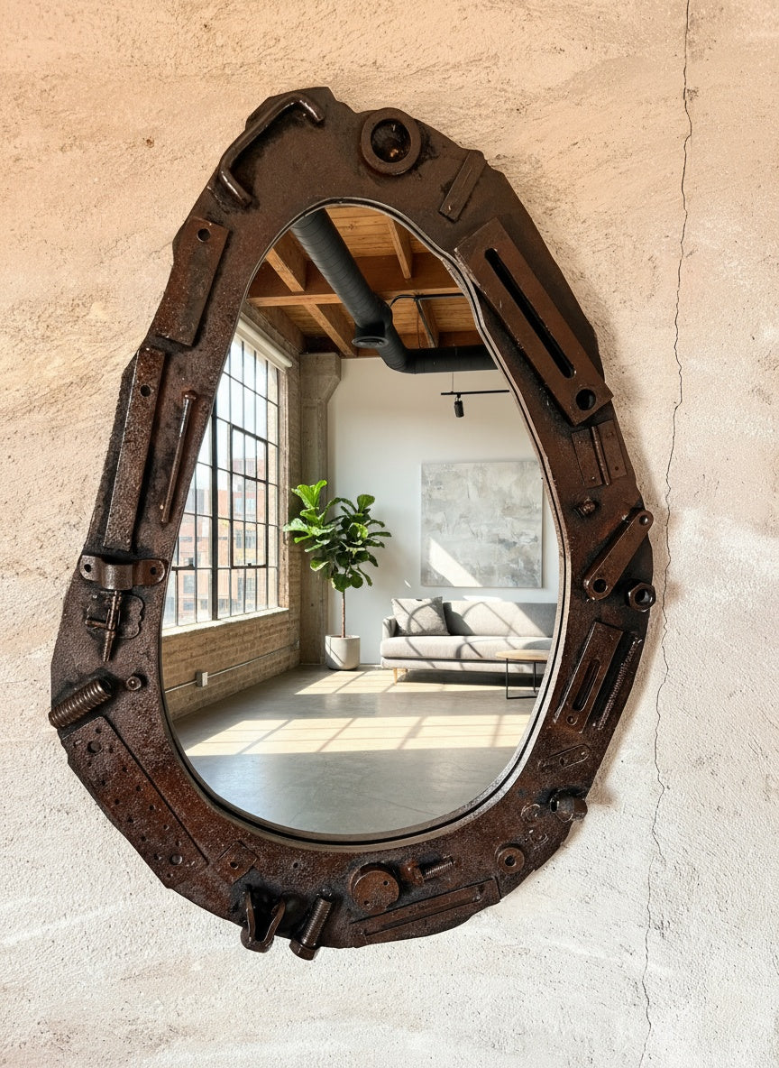 Industrial Wall Mirror – Steampunk MDF Frame Mirror with metal part for Loft & Modern Interiors