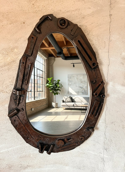 Industrial Wall Mirror – Steampunk MDF Frame Mirror with metal part for Loft & Modern Interiors