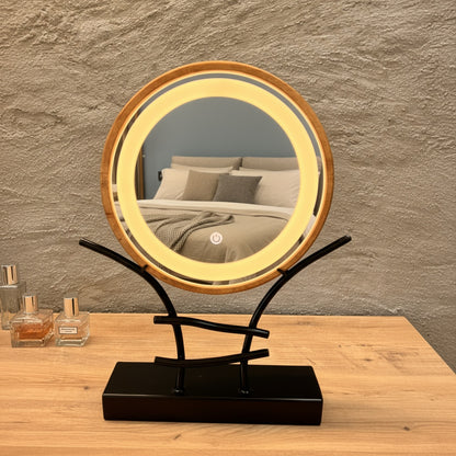 LED Makeup Mirror with Wooden Frame – Dimmable Touch Lighted Vanity Mirror & Jewelry Holder