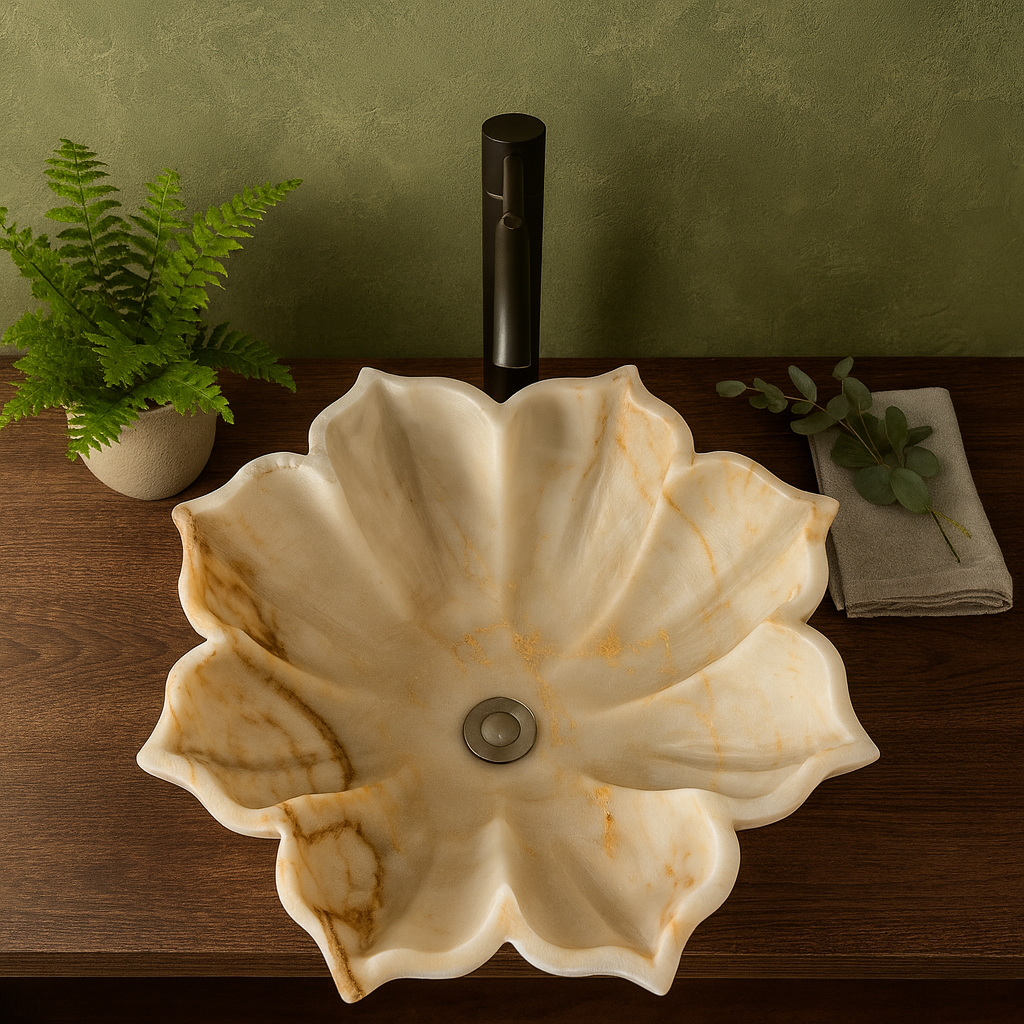 Marble Sink Stone Vessel Sink – Carrara Marble Leaf Bathroom Basin, Hand-Carved Natural Marble