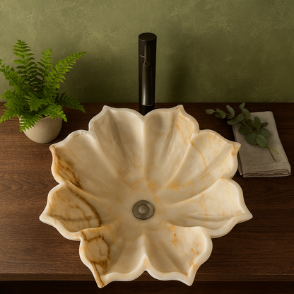 Marble Sink Stone Vessel Sink – Carrara Marble Leaf Bathroom Basin, Hand-Carved Natural Marble