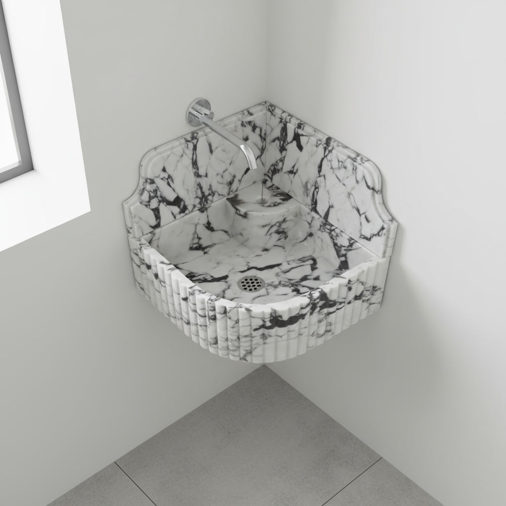 Marble Sink – Calacatta Viola Corner Wall-Mount Bathroom Sink with Fluted Design & 8" Backsplash | Luxury Natural Stone Basin 16"x16"x8"