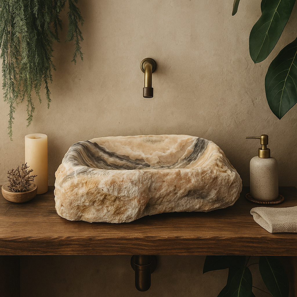 Luxury Stone Vessel Sink – Natural Marble Bathroom Basin with Raw Edge, Handcrafted Rustic Vanity Bowl 21.6"x15.7"x5.5" (55x40x14 cm)