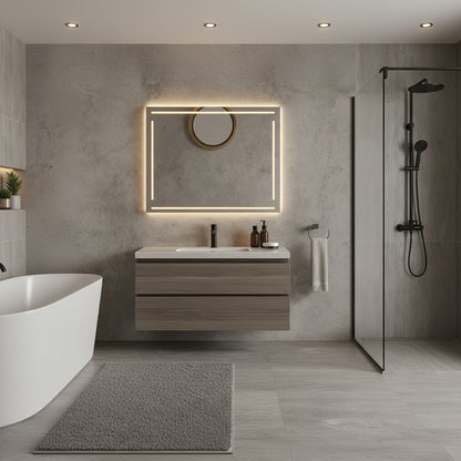 LED Bathroom Mirror – Modern Rectangular Lighted Vanity Mirror with Frame Lines, Backlit Wall Mirror