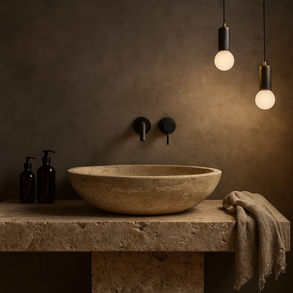 Marble Sink – Travertine Stone Vessel Sink for Bathroom | Mocha Natural Oval Basin 14.5"x19.5"x5.5"