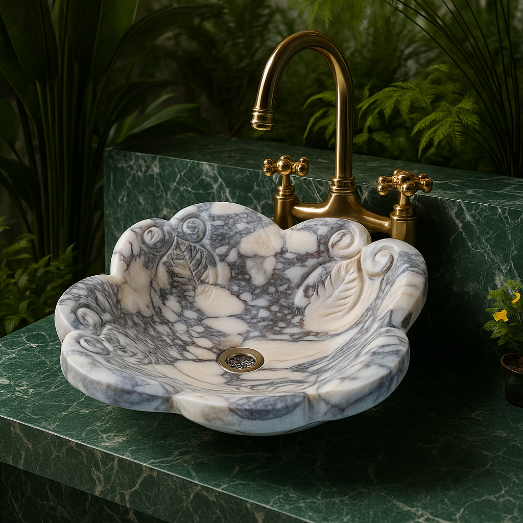 Luxury Marble Vessel Sink – Hand-Carved Natural Stone Bathroom Basin, Designer Vanity Bowl 16.5"x16.5"x5.5" (42x42x14 cm)